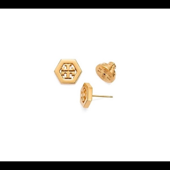 NWT Tory Burch Hex Logo stud earrings gold - Picture 4 of 5
